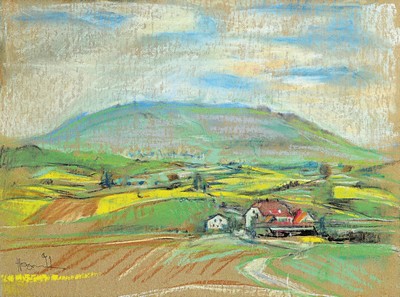 Hermann Hoormann, 1933 - 2022, Pfälzer Kulturlandschaft, Pastell/getöntem Papier, signiert und dat. 91, 37 x 50 cm, unter Glas, Rahmen