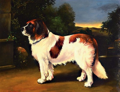 Conradijn Cunaeus, 1828-1895, Porträt eines Bernhardinerhundes in Landschaft, Öl/Lwd, li. unten sign., ca. 51x64cm, Prunkrahmen ca. 91x103 cm