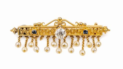 14 kt Gold Diamant-Saphir-Brosche mit Perlen, GG 585/000, um 1880, sehr feine Handarbeit,länglich mit Filigranarbeit, 1 Altschliffdiamant ca. 0.45 ...