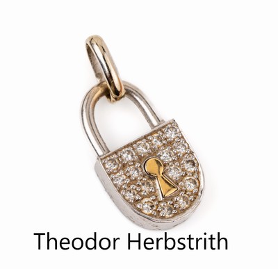 18 kt Gold Brillant-Anhänger, "Schloß", WG/GG 750/000, Meistermarke THEODOR HERBSTRITH, 17 Brillanten zus. ca. 0.42 ct feines ...