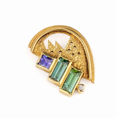 14 kt Gold Farbstein-Brillant-Anhänger, GG 585/000, außergewöhnliche Gestaltung, 2 Turmalinbaguettes zus. ca. 0.60 ct, 1 Tansanit-Carree ca. 0.20 ...