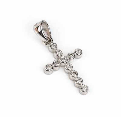14 kt Gold Brillant Anhänger "Kreuz", WG 585/000, 11 Brillanten zus. ca. 0,15 ct Weiß/si, L ca. 2,5 cm