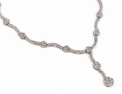 14 kt Gold Brillant-Collier, WG 585/000, Brillanten zus. ca. 2.60 ct Weiß/si, L. ca. 42cm, Kastenschloß mit Sicherheitsacht, ca. 19.56