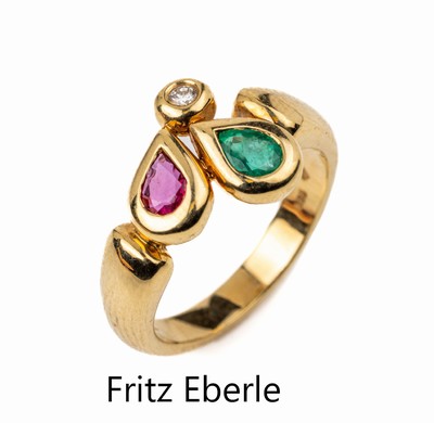 14 kt Gold Smaragd Rubin Brillant Ring, GG 585/000, facett. Smaragd- und Rubintropfen zus. ca. 0.55 ct, Brillant ca. 0.04 ct Weiß/si, RW 55, ...