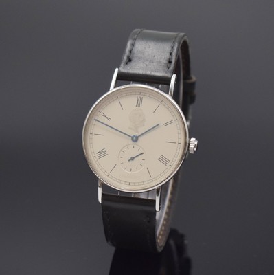NOMOS Herrenarmbanduhr Modell Ludwig für Siemens, Schweiz um 2002, Handaufzug, Edelstahlgeh. inkl. orig. Lederband m. Dornschl., Boden mit Widmung ...