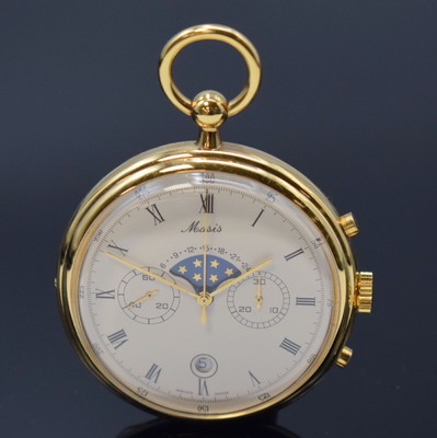 MASIS ungetragene Herrentaschenuhr mit Chronograph, Mondphase und Datum Kaliber Valjoux 7733, Schweiz um 1970, Handaufzug, verg. 3-teil. Gehäuse, ...
