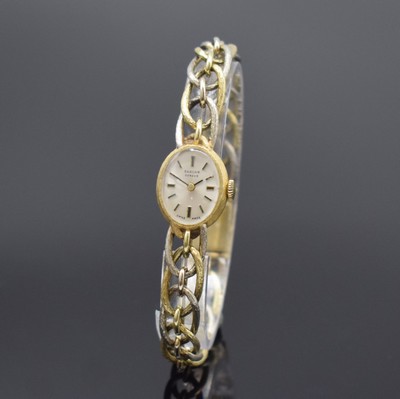 SARCAR Geneve Damenarmbanduhr in GG und WG 585/000 mit ausgefallenem Gliederband, Schweiz um 1970, Handaufzug, 2-teil. Gehäuse, Boden gedr., silb. ...