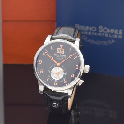 BRUNO SÖHNLE Milano GMT Herrenarmbanduhr in Stahl Referenz 1043/1044, Schweiz verk. lt. beil. Pap. 12/2009, quarz, Boden u. Krone verschr., orig. ...