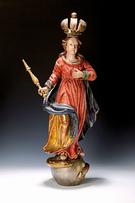 Madonna "Immaculata", wohl süddeutsch, 18. Jh., Holz geschnitzt, gekrönte, Mutter Gottes mit Zepter, auf, Weltkugel und Schlange ...