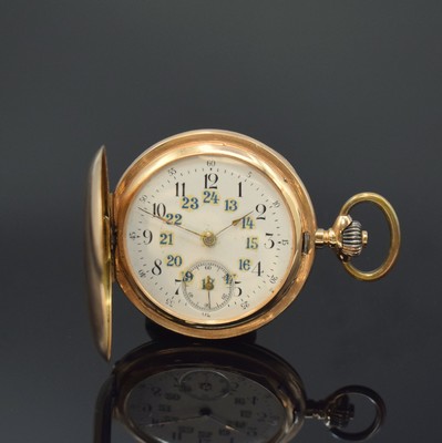 SYSTEME GLASHÜTTE Savonette in RG 585/000, Schweiz um 1900, 2-Deckel Goldgehäuse, Emailzifferbl. m. arab. Zahlen, goldene Birnenzeiger, verg. Werk, ...