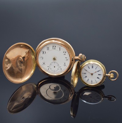 2 Taschenuhren in RG und GG 585/000, Schweiz um 1900, 1.) Herrensavonette m. 2-Deckel Gold, nicht vollständig u. stark besch., D. ca. 53 mm, EZ 4, ...
