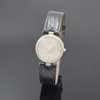 BUNZ ausgefallene Armbanduhr DIAMONDTIME, Schweiz um 2005, quarz, Edelstahl inkl. orig. Lederband m. orig. Dornschl., Boden 6-fach verschr., Lünette ...
