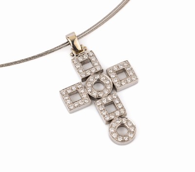 18 kt Gold Brillant-Kreuzanhänger, WG 750/000 gepr., aus Kreisen und Quadraten ein Kreuz zusammengesetzt, Brillanten zus. ca.0.65 ct Weiß/si, ca. ...