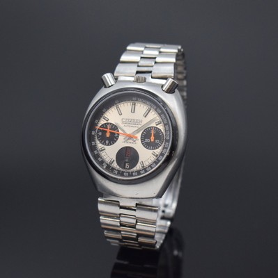CITIZEN Referenz 67-9011 sog. Bull Head- Armbandchronograph in Stahl/Stahlband, Japan um 1975, Automatik, verschr. Geh., schwarze Lünette, Drücker ...