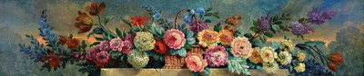 Unbekannter Künstler des ausgehenden 19. Jh. , Blumenstillleben in Friesformat, Öl/Platte, unsigniert, schmaler Rahmen mit Perlstab 159x42 cm