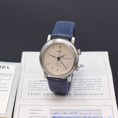 NIVREL Herrenarmbanduhr mit Wecker, Automatik, Schweiz verk. lt. beil. Pap. 03/1999, Edelstahlgehäuse inkl. orig. Lederband mit orig. Dornschließe, ...