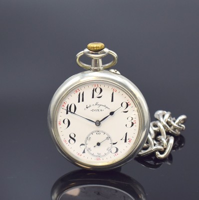 DOXA Offene Nickeltaschenuhr mit Kette, Schweiz um 1905, glattes Gehäuse m. Medaillengravur auf Cuvette, Emailzifferbl. m. fetten arab. Zahlen, kl. ...