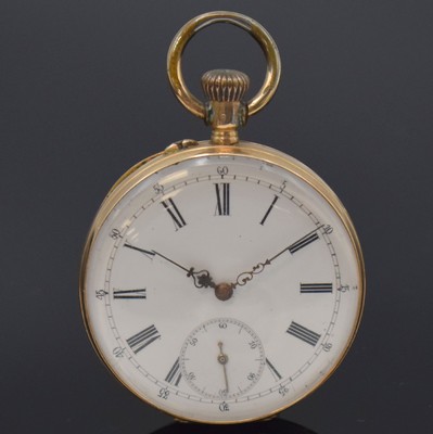 Offene Taschenuhr in RoseG 585/000, Schweiz um 1880, Rückseite aufw. floral grav., Metallcuvette, Emailzifferbl. m. röm. Zahlen u. arab. Minuterie, ...