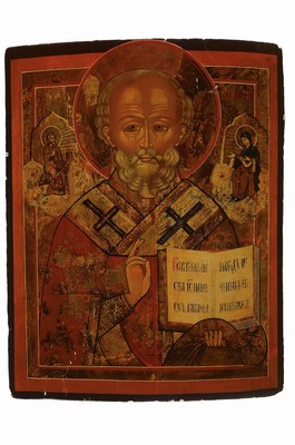 Große Ikone, Russland, 19. Jh., Heiliger Nikolaus, Eitempera/Holz, bemalt, gewölbt, Altersschäden, ca., 43 x 34 cm, ältere Restaurierung
