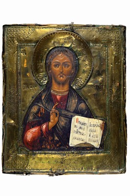 Zwei Ikonen mit Messingoklad, Russland, russische Hausikonen, Mitte 19. Jh., auf älteren Ikonenbretter, Christus Pantokrator, ca. 30 x 24.5 cm, mit ...