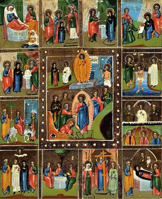 Zwei Ikonen, Russland, zweite Hälfte, 19. Jh.,a. Kreuzigung Christi mit der Gottesmutter und Johannes, ca. 31 x 26.5 cm, b. Festtagsikone mit 13 ...