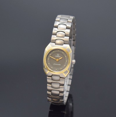 OMEGA Seamaster Polaris Damenarmbanduhr, Schweiz um 1985, quarz, z.T. goldintarsiertes Titangeh., Boden aufgedr., Titanband m. Faltschl., graues ...