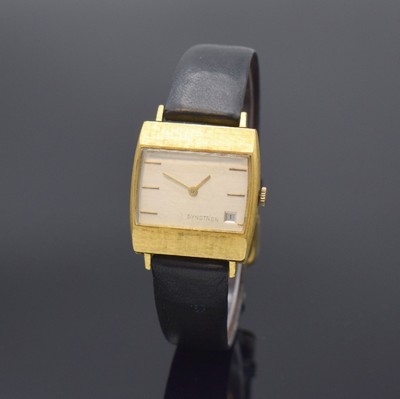 DYNOTRON Armbanduhr in GG 750/000, Schweiz um 1970, quarz, dell. Boden aufgedr., silb. Zifferbl. m. gold. Std.-Ind., gold. Zeiger, Datum, Kal. ESA ...