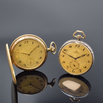 OMEGA Taschenuhr in 900er Silber und eine Savonette in GG 585/000, Schweiz um 1925, 1) Omega grav. Geh., Rückdeckel m. Monogramm, Zifferbl. mittig ...