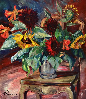 Walter Perron, 1885 Frankenthal-1972 Ludwigshafen, Blumenstillleben mit Stuhl, Öl/Lwd, li. u. signiert und dat. 44, ca. 80x 70 cm, Rahmen 90 x 80 cm