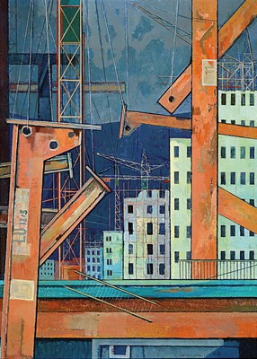 Erich Rockenbach, 1911-1984 Ludwigshafen am Rhein, Ansicht eines Bauprojektes in Ludwigshafen, Acryl auf Hartfaser, rechts unten signiert und dat. ...