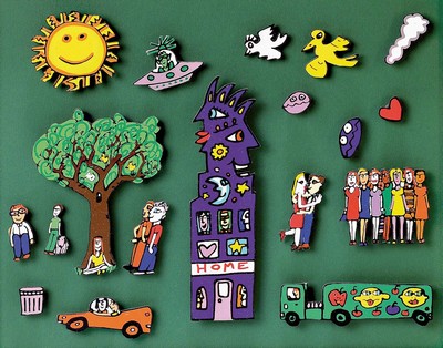 James Rizzi, 1950-2011, 18 Magnete versch. Größen in einem Rahmen ca. 33x29cm bzw. 37x42cm