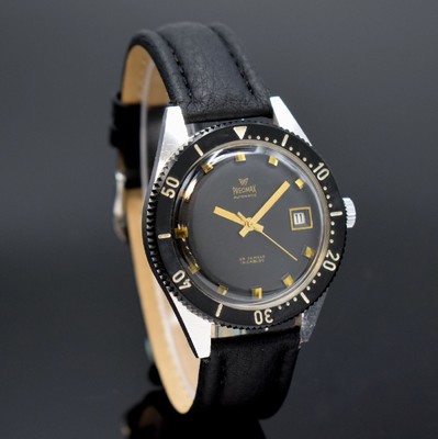 PRECIMAX gut erhaltene Herrenarmbanduhr 37,5 mm, Schweiz um 1960, Automatik, 2-teil. verchr. Gehäuse, Boden geschr., schwarze Lünette m. 60er ...