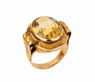 14 kt Gold Citrin-Ring, deutsch 1950/60er Jahre, GG 585/000, ovalfacett. Citrin ca. 12.00 ct, ca. 10.3 g, RW 51