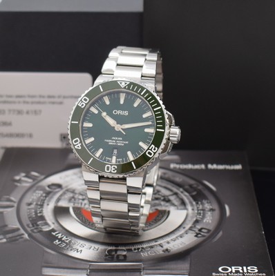 ORIS Aquis Herrenarmbanduhr in Edelstahl Referenz 0173377304157, Schweiz um 2018, Automatik, beids. vergl. Geh. inkl. Gliederband mit Faltschl., ...