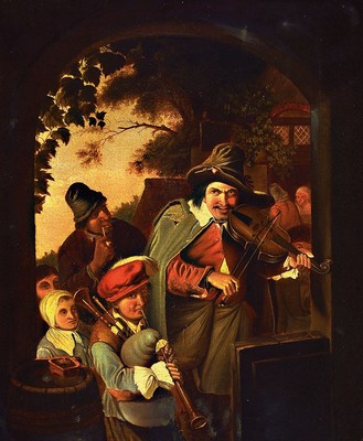 Unbekannter Künstler, wohl Niederlande, um 1830-40, Musikanten vor der Tür, Öl/Lwd, rest., links unten monogr. C.M.V., ca. 47x37cm, R. ca. 72x64cm
