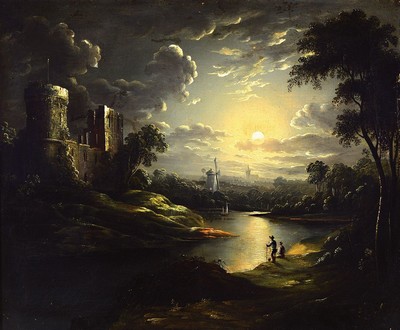 Zuschreibung: Sebastian Pether, 1793-Battersea 1844, Vollmond über holländischer Landschaft mit Windmühle, See und Ruine, zwei Männer am Seeufer, ...