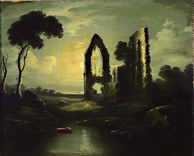 Zuschreibung: Sebastian Pether, 1793-Battersea 1844, Vollmond über einer Ruinenlandschaft, Öl/Lwd, doubliert, mit Altersschäden und kleineren ...