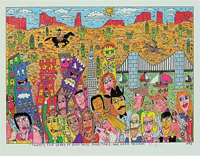 James Rizzi, 1950-2011 New York, twenty five years of good taste, good times and good friends, Farbserigraphie von 1995 zum 25-jährigen Jubiläum ...