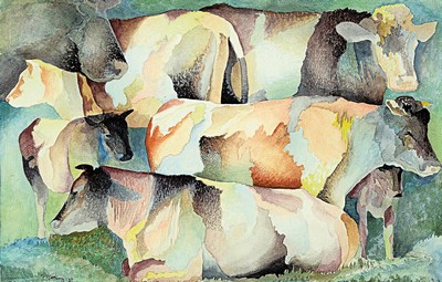 Edmund Kesting, 1892 Dresden-1970 Birkenwerder bei Berlin, Kühe, Aquarell auf Papier, links unten signiert und dat. 34, ca. 29x45 cm, PP, u.Gl., R. ...