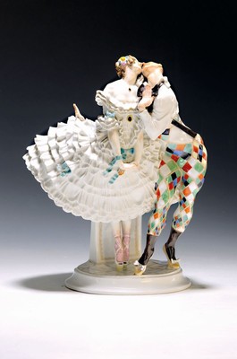 Porzellangruppe, Meissen, 20/30er Jahre, Entwurf Paul Scheurich von 1913, Ausformung 20/30er Jahre, Harlekin und Kolumbine aus dem Russischen ...