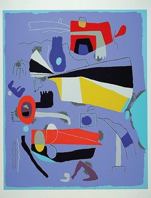 Farbserigraphie nach Willi Baumeisters "Szene auf Blau", 1980 nach dem Gemälde von 1951, ca. 70x86.5cm