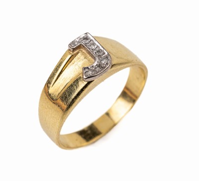 14 kt Gold Diamant-Ring, GG/WG 585/000, Ringkopf in Form eines J in WG mit kl. 8/8- Diamanten, RW 64, ca. 5.9 g