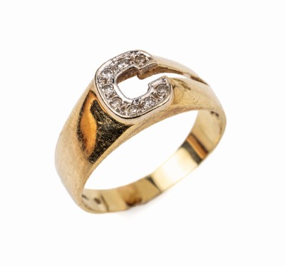 14 kt Gold Diamant-Ring, GG/WG 585/000, Ringkopf in Form eines C in WG mit kl. 8/8-Diamanten, RW 58, ca. 4.6 g