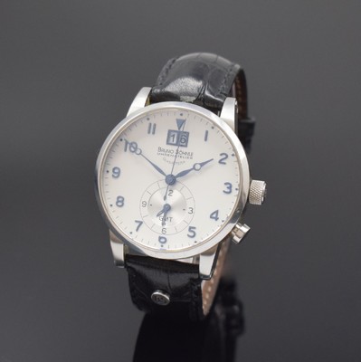 BRUNO SÖHNLE Armbanduhr Milano GMT, Edelstahlgeh. inkl. orig. Lederband m. dopp. Faltschl., quarz, Boden verschr., silb. Zifferbl., gebl. Zeiger, ...