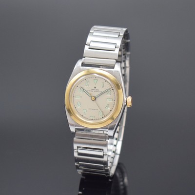ROLEX Oyster Perpetual Bubble Back Herrenarmbanduhr Referenz 3133, Schweiz um 1945, Automatik, verschr. Edelstahlgehäuse mit Goldlünette, Flexband, ...