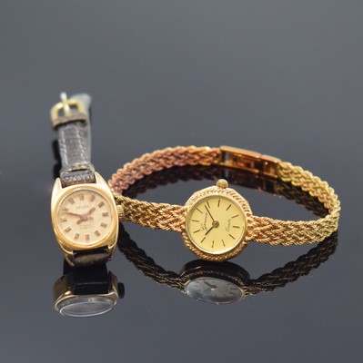RHODOS und GENEVE 2 Damenarmbanduhren in GG 750/000 und 585/000, Schweiz um 1970 - 1980, 1) Rhodos in GG 750/000, Handaufzug Kal. AS 1077, D. ca. 17 ...