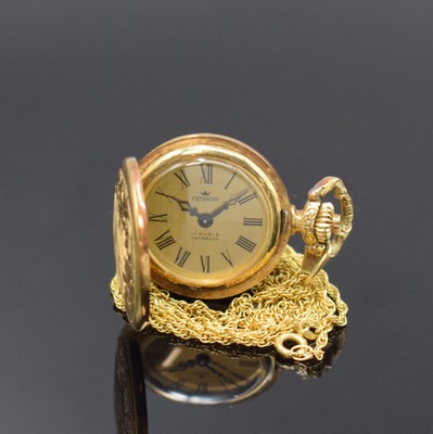 AMARA Damentaschenuhr in GG 585/000 mit Goldkette, Schweiz um 1975, Handaufzug, gold. Zifferbl. m. röm. Zahlen, schwarze Zeiger, Kette in GG ...