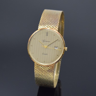 GENEVE Herrenarmbanduhr in GG 585/000 mit Goldband, Schweiz um 1980, quarz, 2-teil. Geh., Boden aufgedr., gold. Zifferbl. u. Zeiger, Datum, D. ca. 34 ...