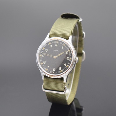 WEMPE UROFA 58 seltene Armbanduhr im Militär- design, Deutschland um 1938, Handaufzug, verchr. Geh. m. gedr. Stahlboden, schwarzes Zifferbl. bez. ...