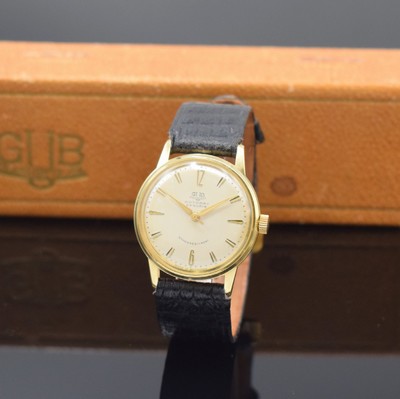 GUB Kaliber 68.1 nahezu neuwertige Armbanduhr mit Box und Konsum-Rechnung, DDR um 1960, Automatik, verg. Geh., aufgedr. Stahlboden, silb. Zifferbl., ...